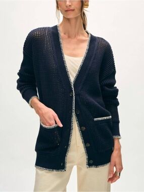 White + Warren Organic Cotton Blanket Trim Cardigan In Navy/Ivory
